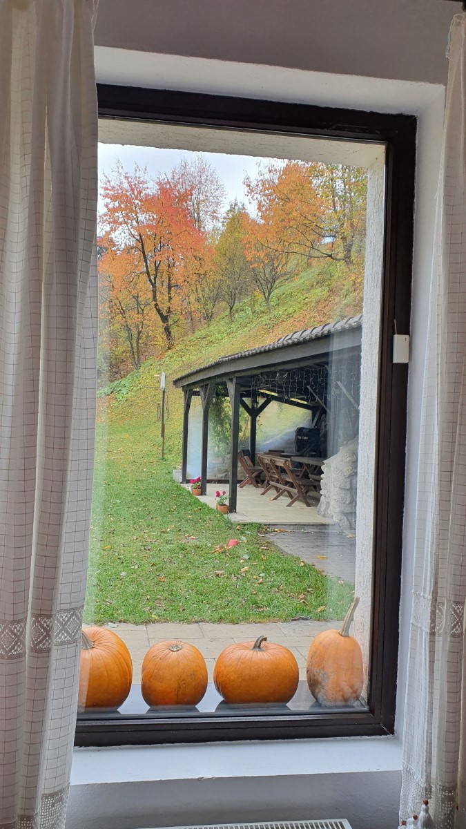 Zonă exterioară cu loc de grătar și băncuțe din lemn 